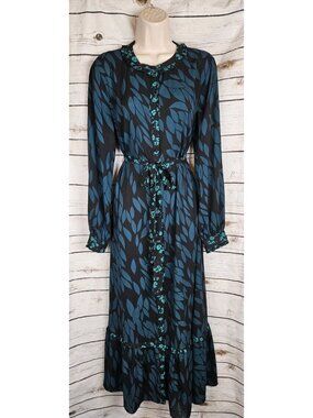CAbi Black Green Autumn Floral Maxi Shirt Dress M Ruffle #4017 Button Front Belt